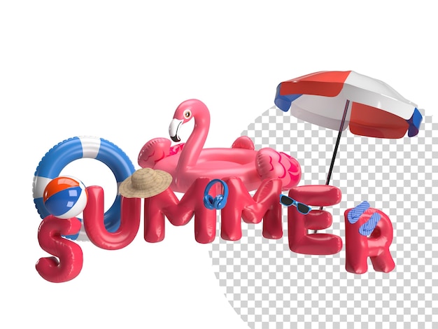 Concetto di vacanza estiva con anelli da nuoto gonfiabili per occhiali da sole flamingo, ombrellone da spiaggia e elementi accessori estivi rendering 3d