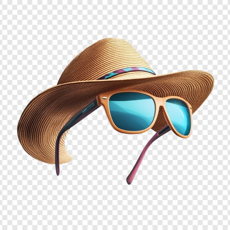 PSD summer vacation essentials stylish straw hat and blue sunglasses joyful escape sunny vibes