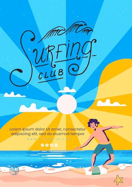 PSD 여름의 진동 그림 파란색에서 서핑 해변 플라이어 포스터