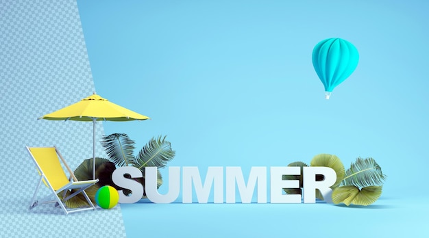 Summer word with lounge chair leafs in 3d rendering