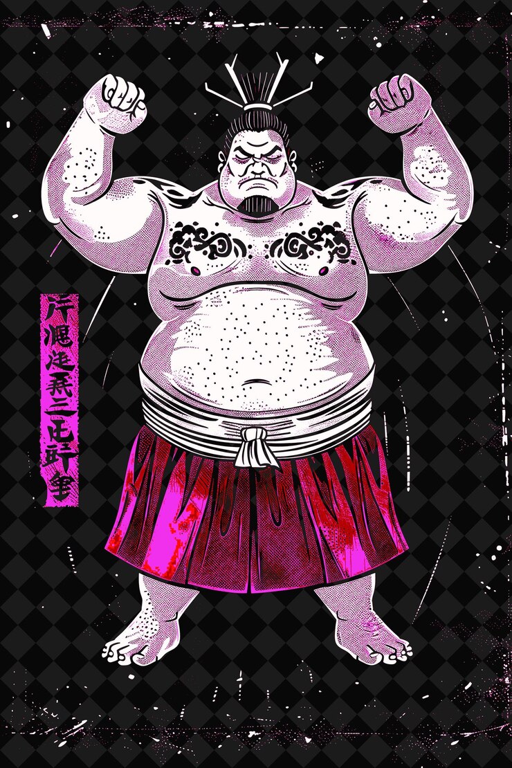 PSD sumo wrestler portrait with mawashi and topknot standing wit png illustration character designs