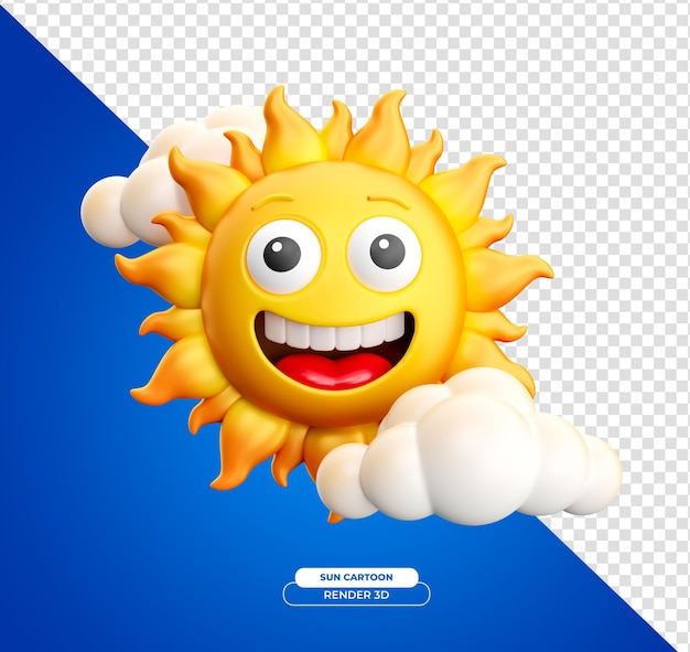 Sun cartoon character smiling with clouds on transparent background in 3d render