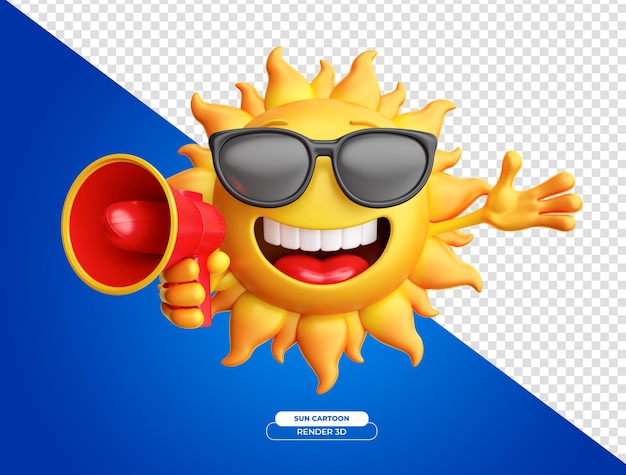 PSD personaggio di cartone animato del sole sorridente con gli occhiali da sole che tiene un megafono su uno sfondo trasparente in rendering 3d