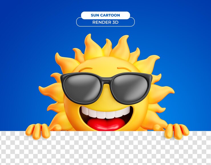 PSD sun cartoon character smiling with sunglasses holding sign on transparent background in 3d render