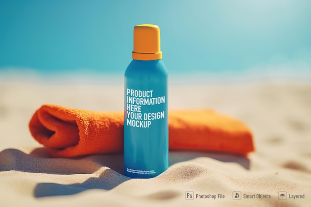 PSD Мокап бутылки солнцезащитного крема на пляже генеративный ai