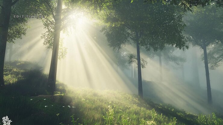 PSD sun rays illuminate a misty forest scene showcasing lush greenery and sunlight filtering through trees