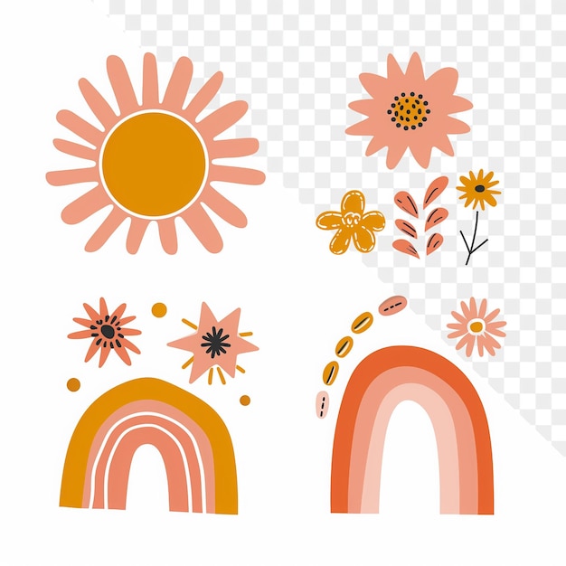 a sun and sun set with flowers and sun