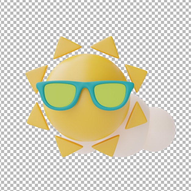 PSD 선글라스와 구름이 있는 태양은 흰색 배경여름 요소3d 렌더링에 격리됩니다.