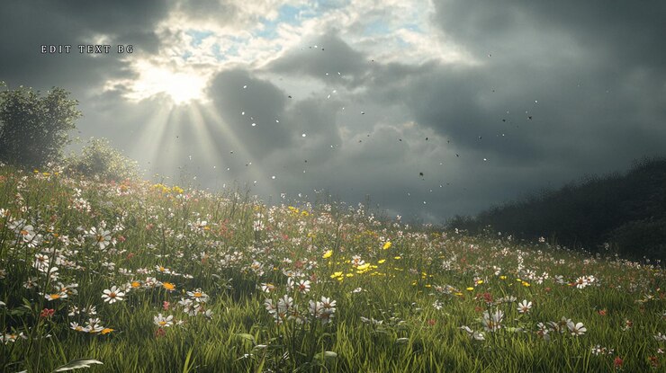 PSD sunbeams pierce dramatic clouds over a vibrant wildflower meadow