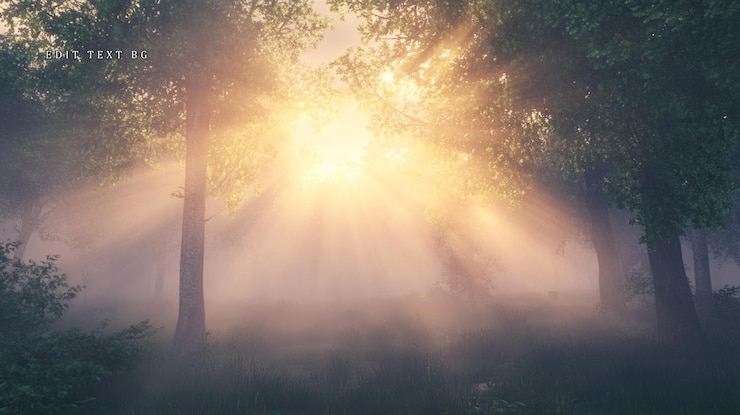 PSD sunbeams pierce through misty forest at sunrise