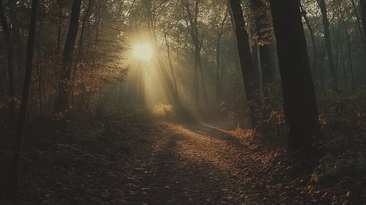 PSD sunbeams through foggy forest path