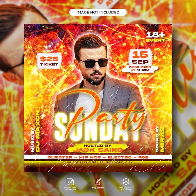 PSD sunday dj party flyer social media post and web banner template