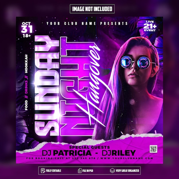 Sunday night hangover party flyer social media post and web banner psd