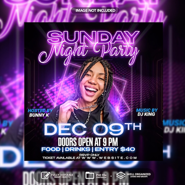 Sunday night party concert party flyer social media template PSD