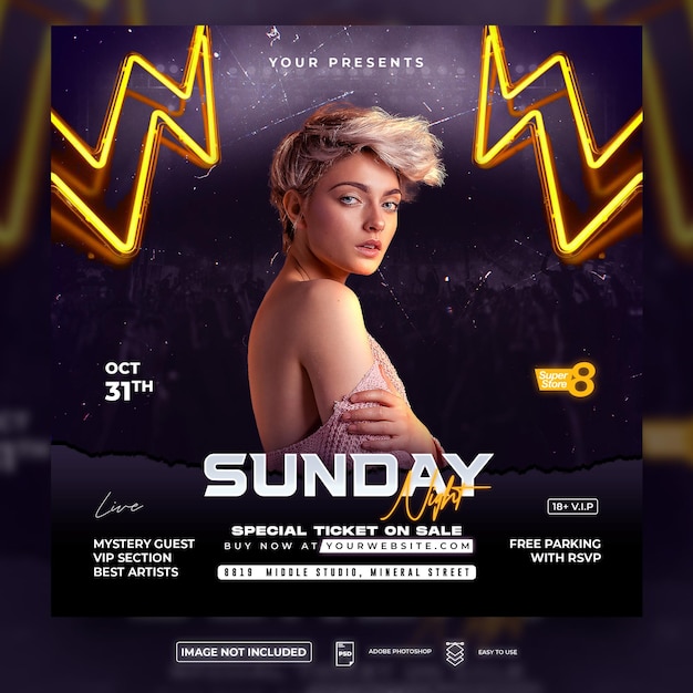 Sunday night party night club flyer square flyer template