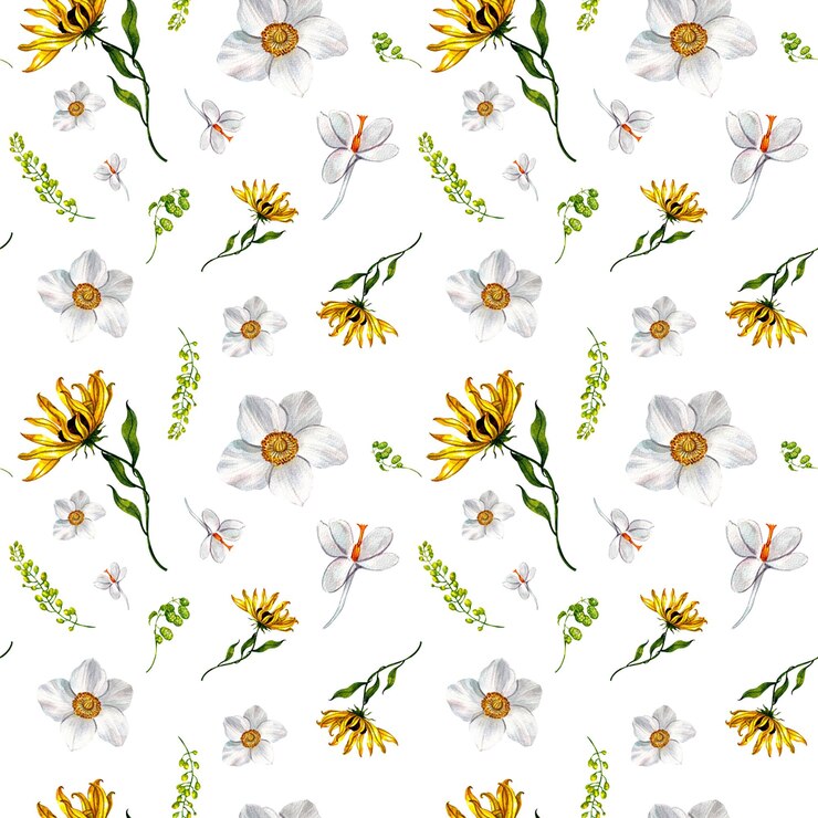 PSD sunflower anemone flower pattern watercolor painting handdrawn