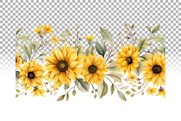 Sunflower border seamless pattern watercolor floral illustration for rustic wedding design