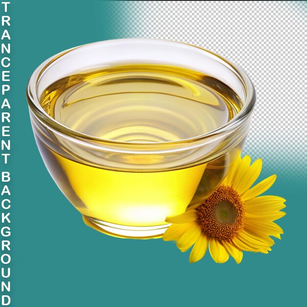 Sunflower and bowl of cooking oil on transparent isolated background