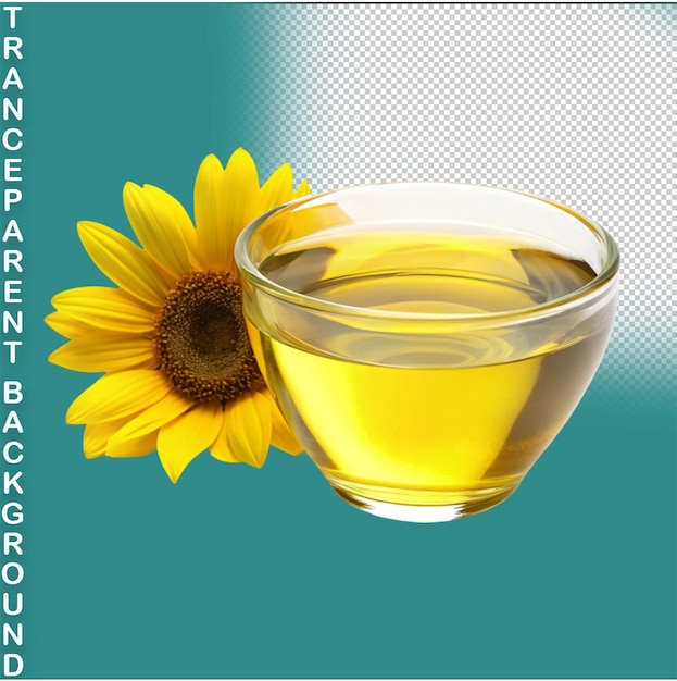 PSD sunflower and bowl of cooking oil on transparent isolated background