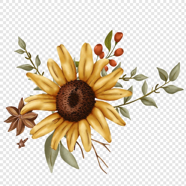 PSD sunflower flower floral png clipart illustrations with rustic autumn fall style