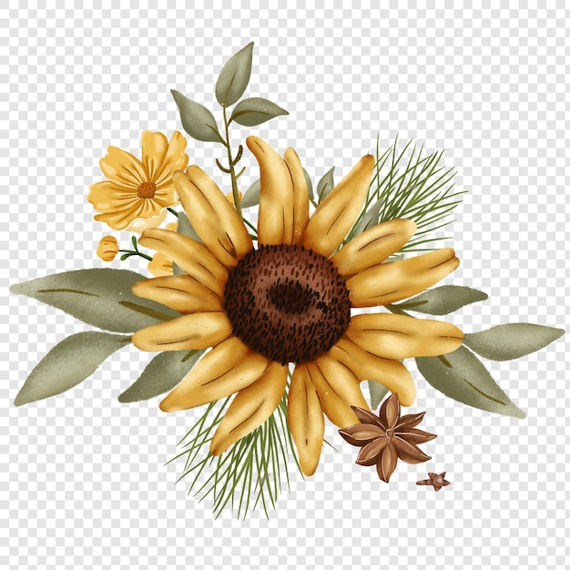PSD sunflower flower floral png clipart illustrations with rustic autumn fall style