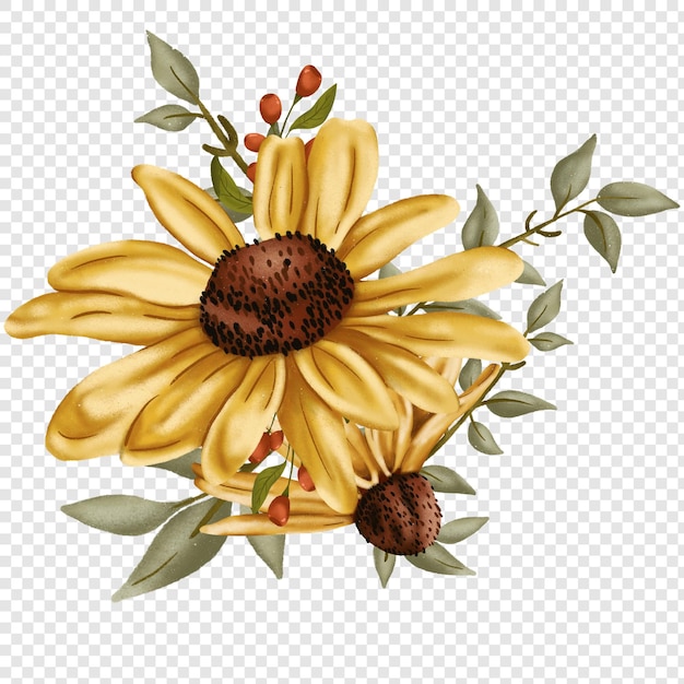 PSD sunflower flower floral png clipart illustrations with rustic autumn fall style