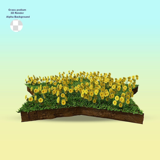 Girasole sul podio dell'erba rendering 3d