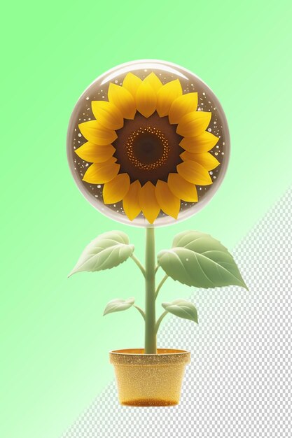 A sunflower is growing in a pot with a green background