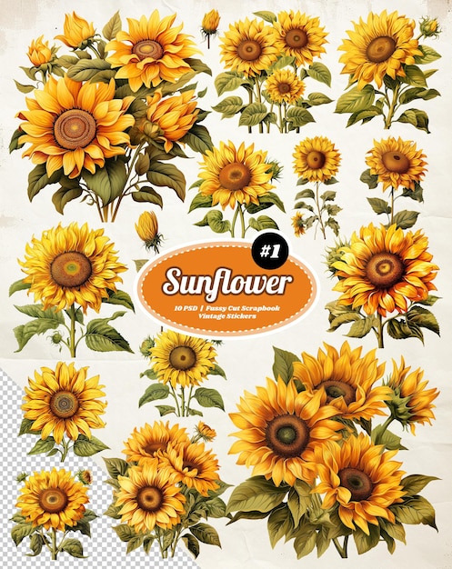 PSD sunflowers junk journal vintage stickers scrapbooking element