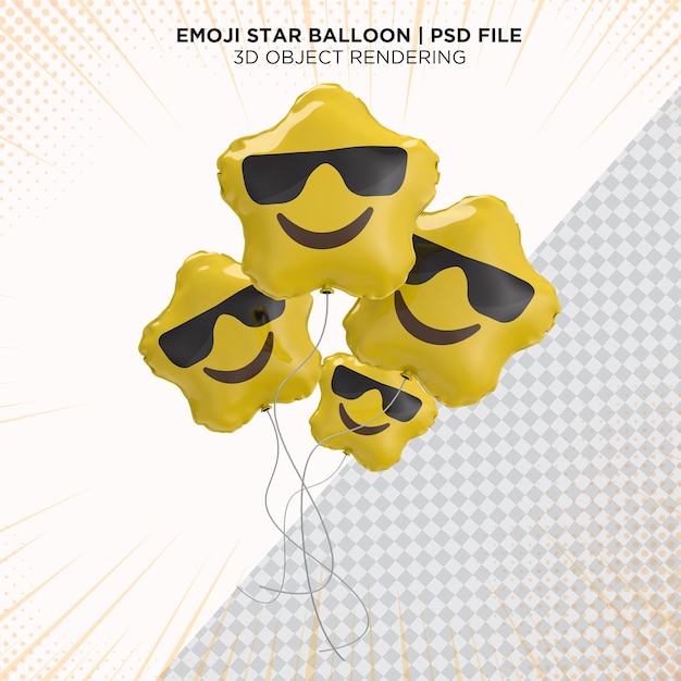 Sunglass face emoji four balloon star floating style 3d rendering isolated