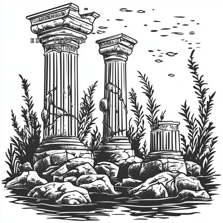 PSD sunken ancient greek columns partially submerged in water overgrown with aquatic plants and surrounded by rocks