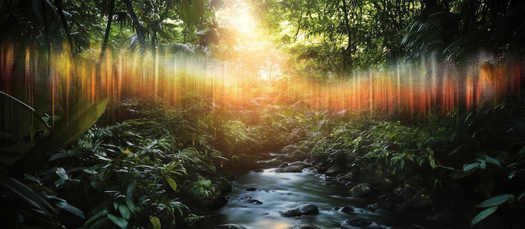 PSD sunlight beams through the dense foliage of a lush jungle illuminating a winding creek