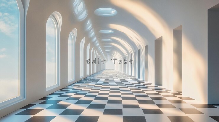 PSD sunlit arched hallway with checkered floor and skylight