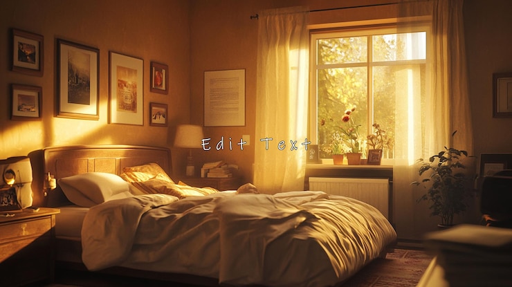 PSD sunlit bedroom with bed window and framed photos