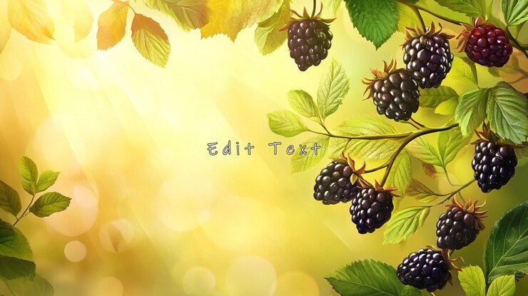 PSD sunlit blackberries on branch with green leaves