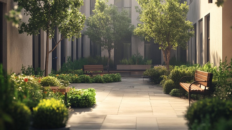 PSD sunlit courtyard with benches trees and lush greenery