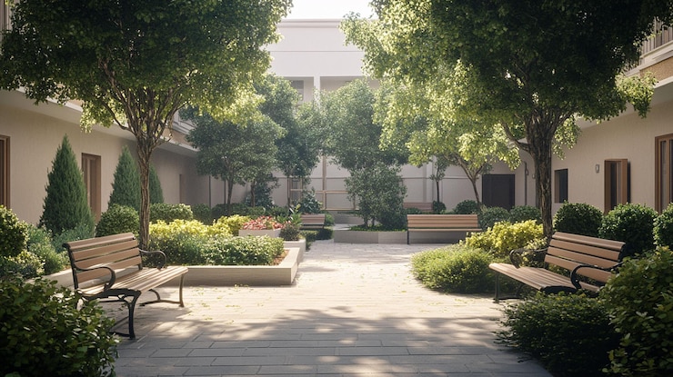 PSD sunlit courtyard with benches trees and shrubs
