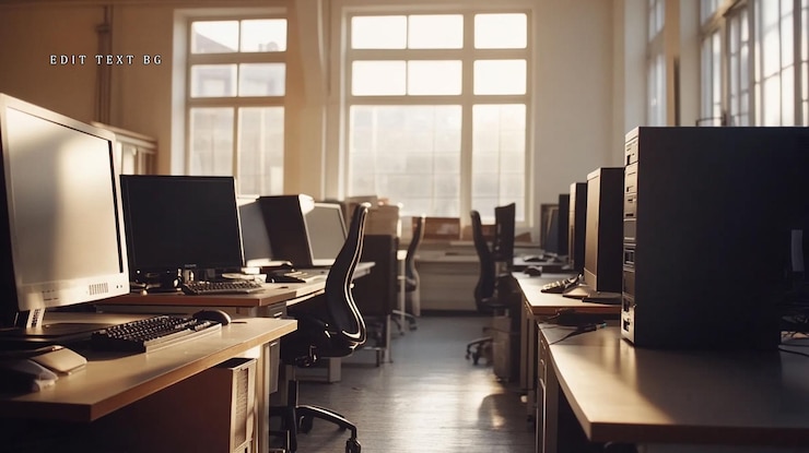 PSD sunlit empty office with rows of computers and desks