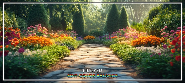 PSD sunlit garden path flowers trees peace