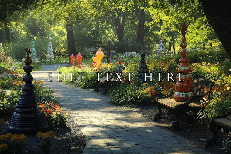 PSD sunlit garden path with colorful ceramic sculptures and benches