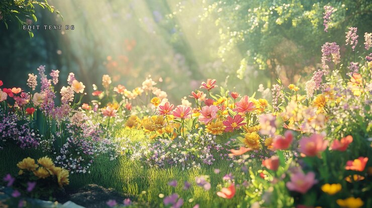 PSD 色とりどりの花と茂みのある日光に照らされた庭園