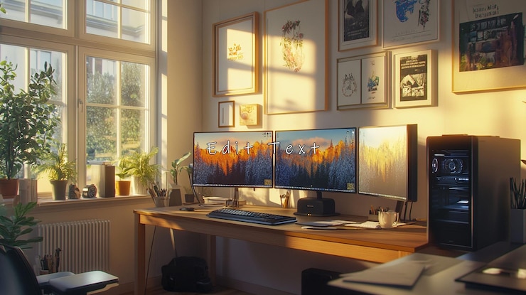 PSD sunlit home office with dual monitors plants and artwork