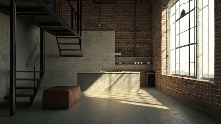 PSD sunlit industrial loft apartment interior design