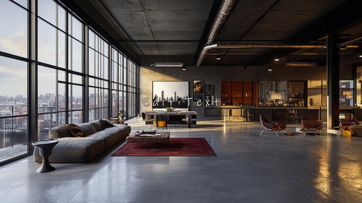 PSD sunlit industrial loft apartment with city view