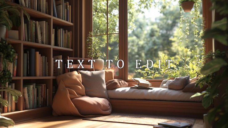 PSD sunlit library window seat with books plants and cushions