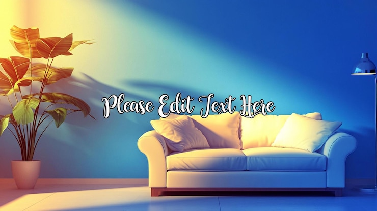 PSD sunlit living room with cream sofa plant and blue wall