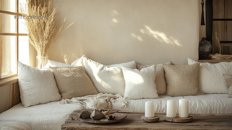 PSD sunlit living room with neutraltoned couch pillows and candles