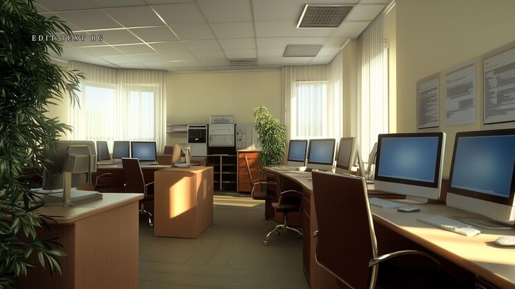 PSD sunlit modern office with multiple computers desks and plants