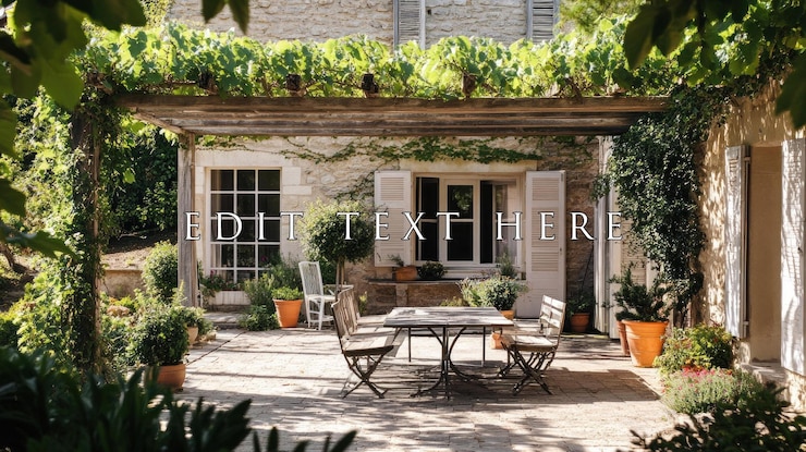 PSD sunlit patio with stone house pergola table chairs and potted plants