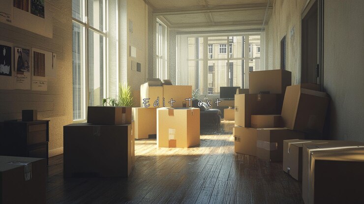 PSD sunlit room filled with moving boxes